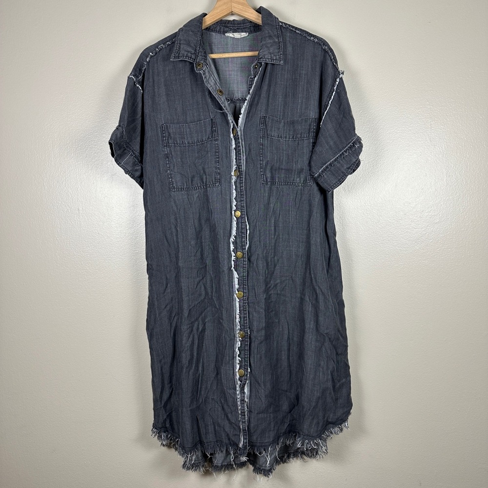 Easel Women's M Shirt Dress Black Frayed Hem Button Down Midi Boho Whimsigoth